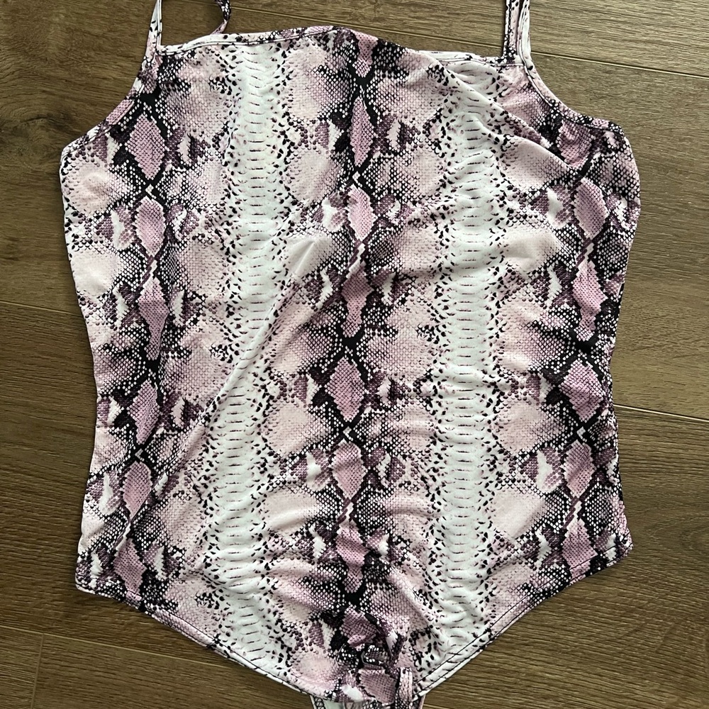 PrettyLittleThing Pink and Black Snake Print Bodysuit